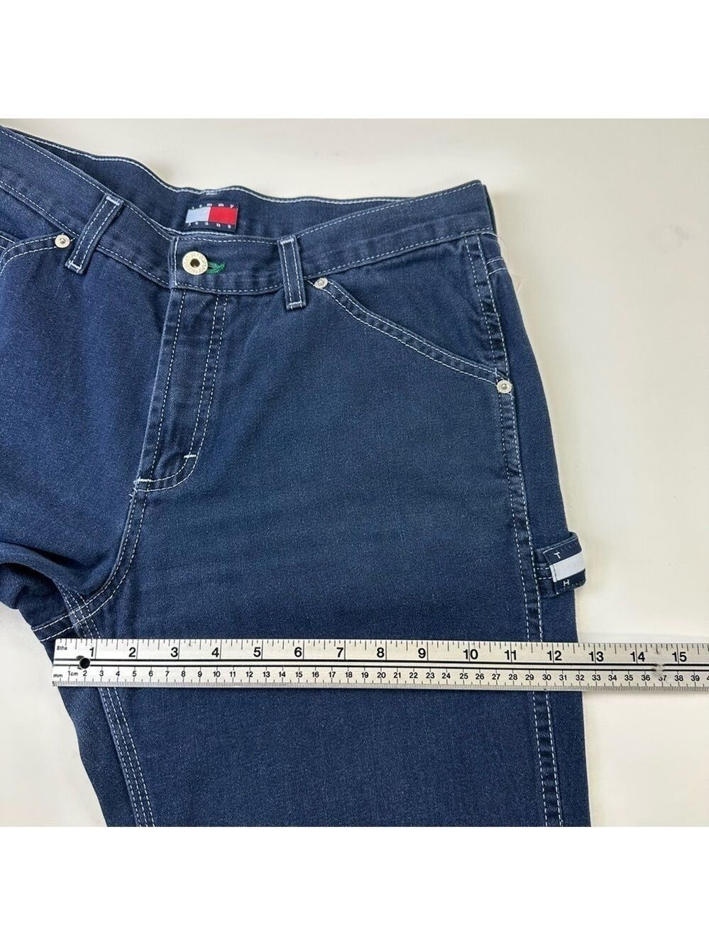 90s Vintage Hilfiger men denim carpenter jeans Size 32in Inseam 31.5in - Picture 9 of 16